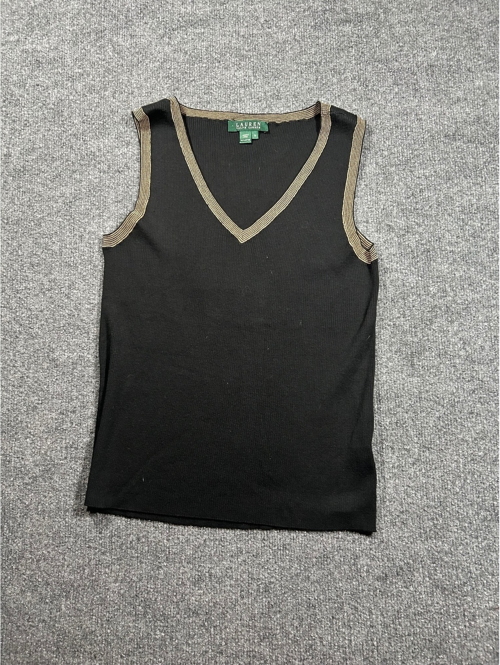 Lauren Ralph Lauren Black Sleeveless V-Neck Sweater Vest with Brown Trim, Size M